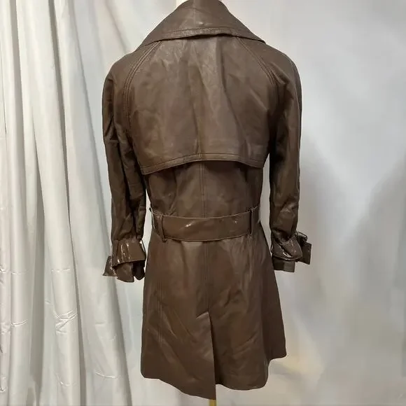 Bebe‎ Leather Brown Belted Trench Coat Womens Medium 70's Spring Steampunk